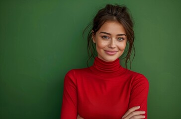 Wall Mural - A portrait of an attractive woman in red turtleneck, smiling and looking at the camera, standing against green background, full body shot, professional photography, professional color grading