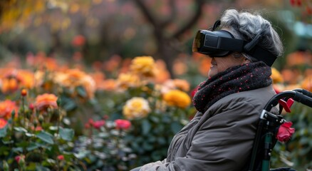 Wall Mural - An elderly woman in her wheelchair is sitting on the rose garden, wearing VR glasses and smiling as she watches colorful flowers blooming around her. The camera captures an overtheshoulder 
