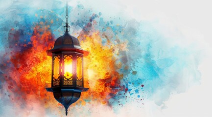 Wall Mural - Arabic lantern, Ramadan kareem background white background, watercolor style. text 2025 