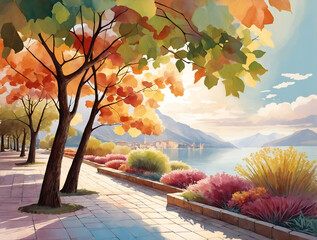 Wall Mural - Autumn landscape with trees on Garda lake