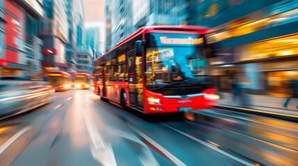 City bus in motion on a city road highway on blurred buildings background