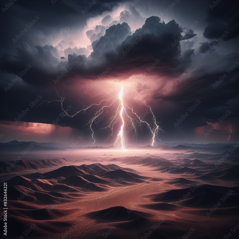 Dramatic lightning storm over a vast desert landscape, showcasing ...