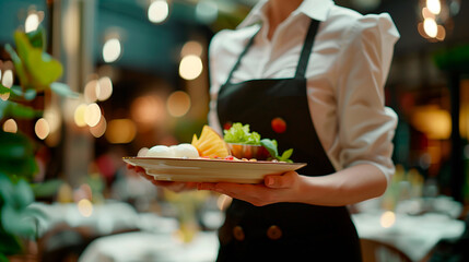 Closeup waitress in uniform holding a tray with food in restaurant