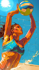 Beach volleyball player striking the ball