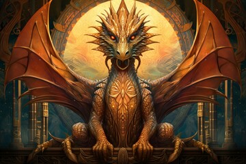 Wall Mural - A wise and ancient dragon, with scales that shimmer in the sunlight and the power of ancient magic. - Generative AI