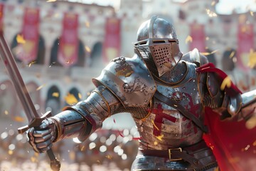 a knight in full armor is holding a sword in the midst of battle bokeh style background