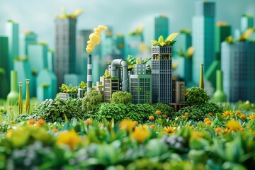 Wall Mural - A cityscape with skyscrapers and a river surrounded by nature concept green living space bokeh style background