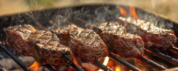 Juicy grilled beef steak on flames, outdoor BBQ setting, smoke rising, summer evening, closeup, copy space, highquality stock photo, isolated on white background