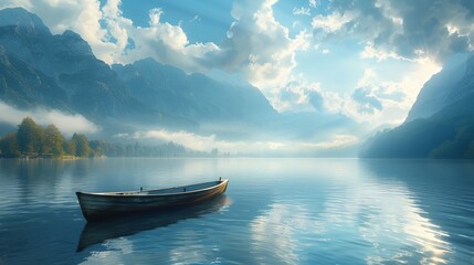 Wall Mural - Serene lake landscape with lone boat