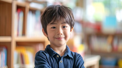 Wall Mural - Portrait of cute asian boy looking at camera in library.