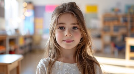 Wall Mural - Portrait of a cute little girl with long hair in a kindergarten