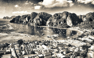 Wall Mural - Phi Phi Don, Thailand. Aerial view of Phi Phi Island coastline from drone on a hot sunny day.