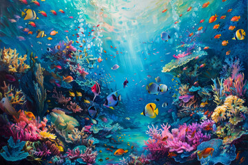 Wall Mural - A painting of a colorful coral reef with many fish swimming around