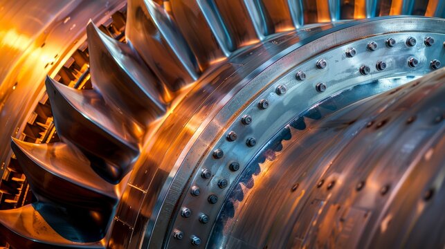 Abstract close-up, focusing on the repeating patterns of a turbine, creating an ethereal image (focus on, pattern theme, ethereal, silhouette, assembly line backdrop)
