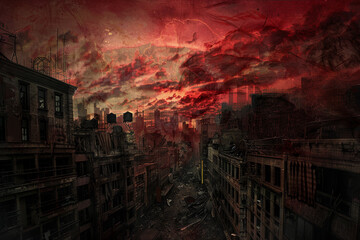 Wall Mural - A cityscape with a red sky and a large red object in the sky