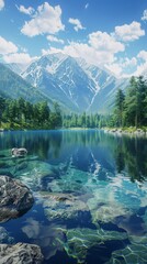 Wall Mural - Tranquil crystal clear mountain lake with lush forest and snow-capped peaks in the background