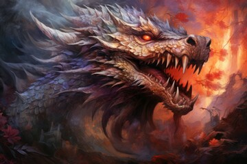 Canvas Print - A fearsome half-dragon warrior, with fiery breath and scales as tough as steel. - Generative AI