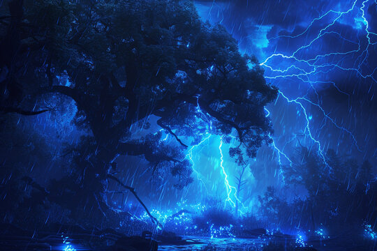 A tree is surrounded by a forest and is lit up by lightning