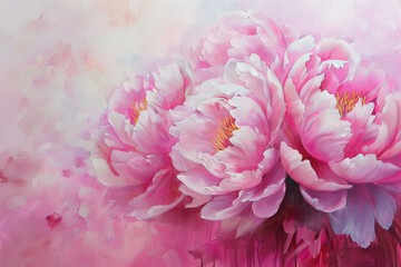 Wall Mural - A painting of three pink flowers with a pink background