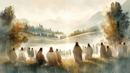 The Act of the Apostles. Disciples' Prayer to God. New Testament. Watercolor Biblical illustration.