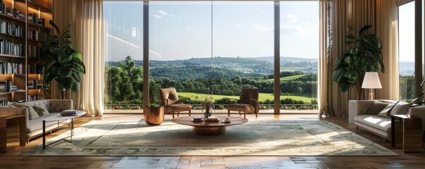 Canvas Print - Modern luxury living room with panoramic countryside view