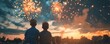 © tanapat - Family gathered in their backyard, watching fireworks, USA Birthday celebration, American Independence theme, children excited, night sky bursts with color, copy space