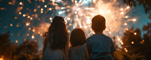 Wall Mural - Family gathered in their backyard, watching fireworks, USA Birthday celebration, American Independence theme, children excited, night sky bursts with color, copy space