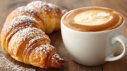 Poster -  A cup of cappuccino and a croissant on a wooden table Powdered sugar tops the croissant; another croissant lies beside it