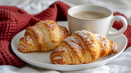  Two croissants on a plate, beside a cup of coffee A bed is visible in the background with a red blanket draped over it, an additional red blanket at its side