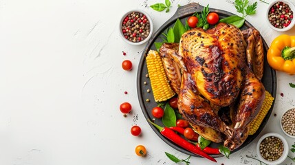 Sticker -  A roasted turkey on a white platter, surrounded by corn, tomatoes, peppers , and seasonings against a clean white backdrop with a white tabletop