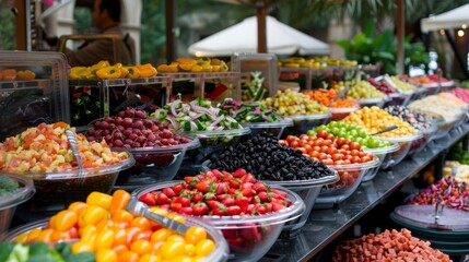 Wall Mural -  A display in a store filled with various fruits and vegetables on trays, adjacent to umbrella-shaded tables