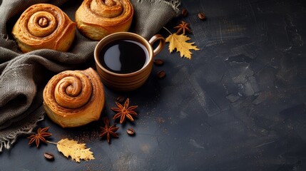 Poster -  Cinnamon rolls and a cup of coffee on a black surface Autumn leaves surrounding the scene Orange star anisette atop a napkin Tableside accessory