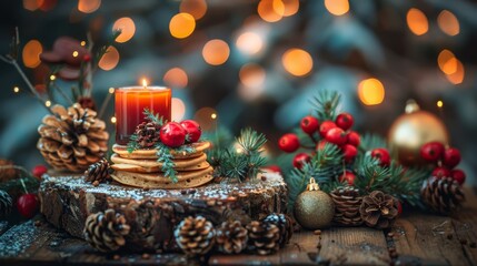 Poster -  A stack of pancakes atop a wooden table Nearby, Christmas decorations adorn the space A lit candle rests atop a slice of wood, accompanied by pine con