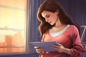 Wall Mural - A woman is reading a clipboard in a room with a window. The room is dimly lit and the woman is wearing a pink shirt