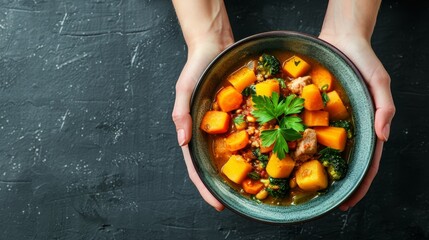 Wall Mural -  A person's hands hold a bowl of stew above a black tabletop The stew is topped with carrots and broccoli, viewed from above