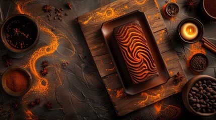  A wooden cutting board holds a slice of cake, nearby are bowls of spices, and atop it sits a lit candle Only the chef's solitary fingerprint graces the