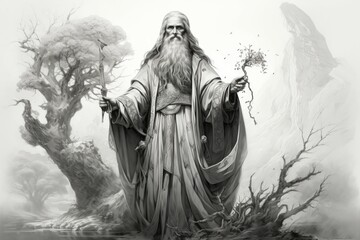 Canvas Print - A wise old sage, adorned in flowing robes and possessing vast knowledge of ancient lore. - Generative AI