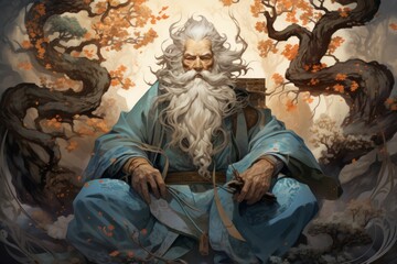 Canvas Print - A wise old sage, adorned in flowing robes and possessing vast knowledge of ancient lore. - Generative AI