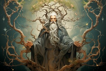 Canvas Print - A wise old sage, adorned in flowing robes and possessing vast knowledge of ancient lore. - Generative AI