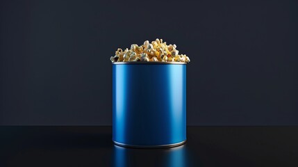 Wall Mural - blue aluminum can with gourmet popcorn, the lid is on the side, black background