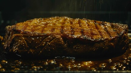 Sticker -  A close-up of a sizzling steak on the grill, dripping with abundant oil, and speckled with golden flecks