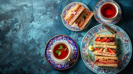 Canvas Print -  A plate holds a sandwich and a cup of tea on a table with a blue-and-white tablecloth The cup is accompanied by a spoon and a saucer