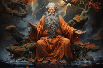 Canvas Print - A wise old sage, adorned in flowing robes and possessing vast knowledge of ancient lore. - Generative AI