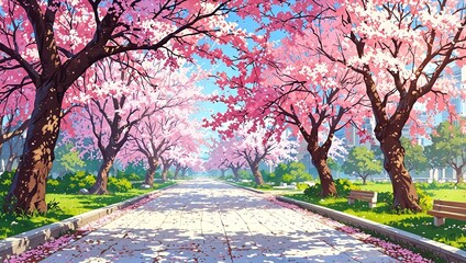 Wall Mural - Cherry blossom park with blooming trees, gentle petals falling, and a serene pathway, delicate and beautiful. 2d style