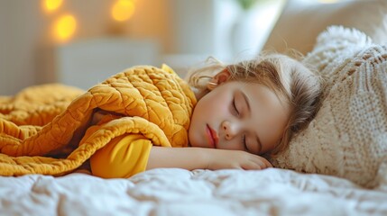 Wall Mural - Cute little girl sleeping in bed at home. Cute child with closed eyes