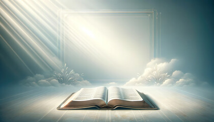 Wall Mural - Open Bible 2 with a frame for writing text surrounded by clouds and rays