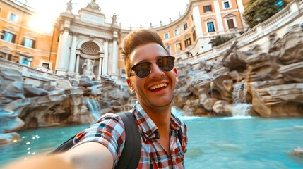 Young man takes selfie at historical landmark in summer. Elegant architecture in background. AI