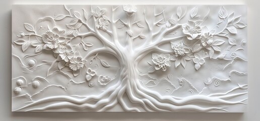 Wall Mural - 3D relief white tree wallpaper mural wall. AI generated illustration