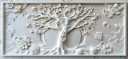 3D relief white tree wallpaper mural wall. AI generated illustration