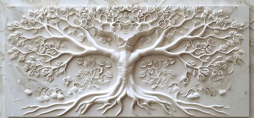 Wall Mural - 3D relief white tree wallpaper mural wall. AI generated illustration